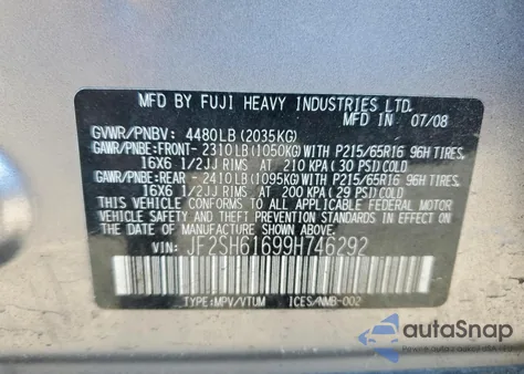 2009 Subaru Forester 2.5X from USA, damaged, VIN JF2SH61699H746292